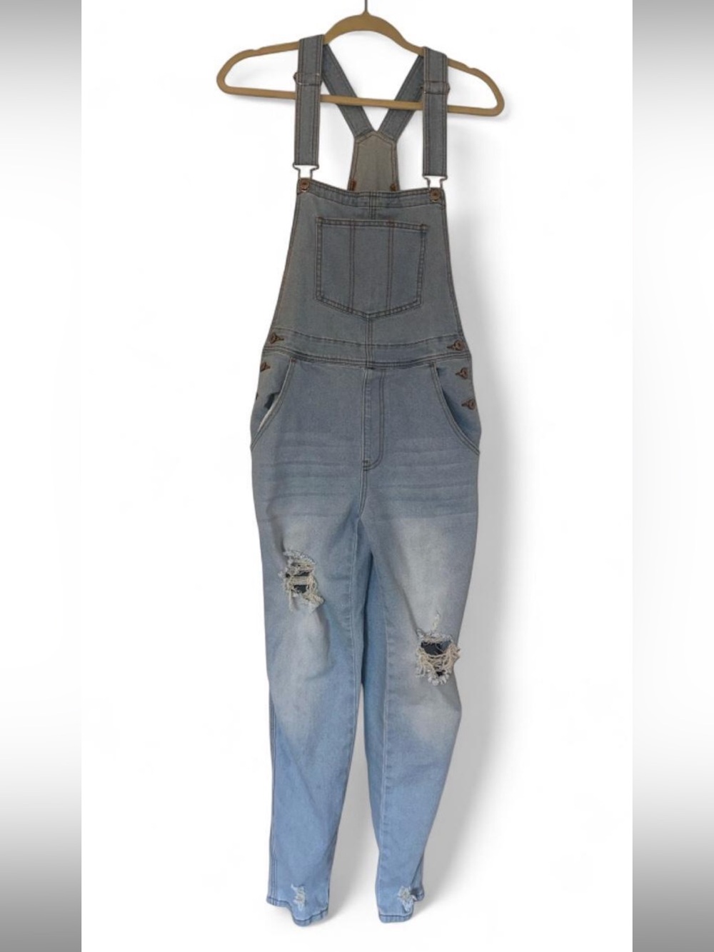 Light Wash Distressed Denim Overalls